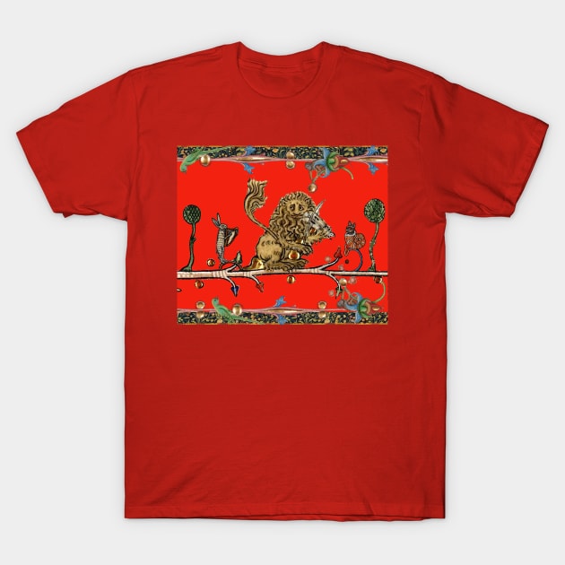 WEIRD MEDIEVAL BESTIARY MAKING MUSIC Violinist Lion,Hare,Snail Cat in Royal Red T-Shirt by BulganLumini